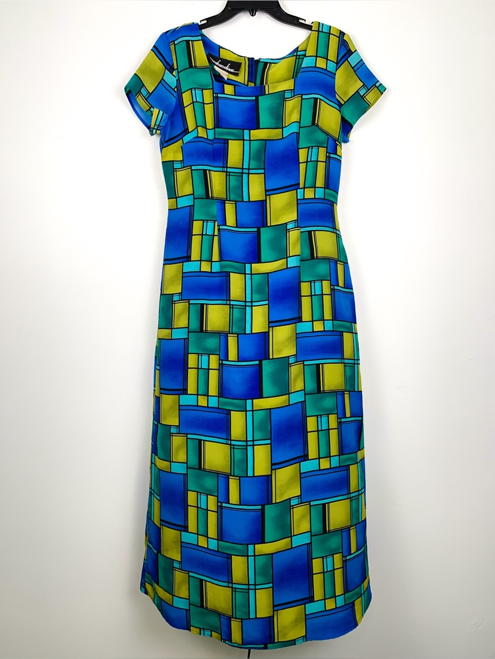 90s geometric maxi dress by Meghan Elisse blue & green Mondrian print size 9/10